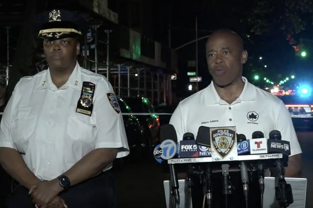 Mayor Eric Adams addresses the media Saturday night after a driver struck several pedestrians in Brooklyn.